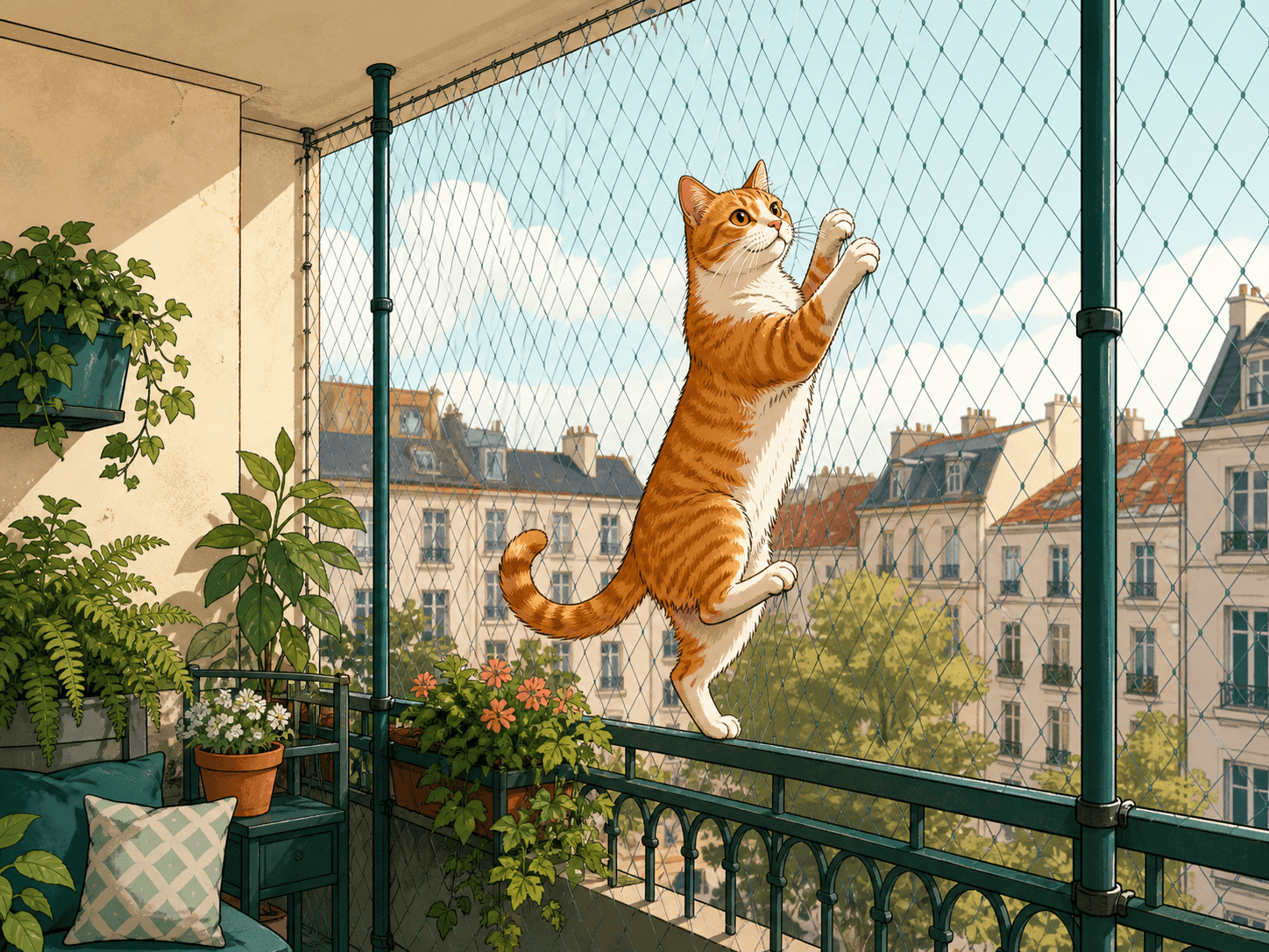 Orange-weiße Katze klettert auf der Innenseite eines gespannten Katzennetzes am Balkon