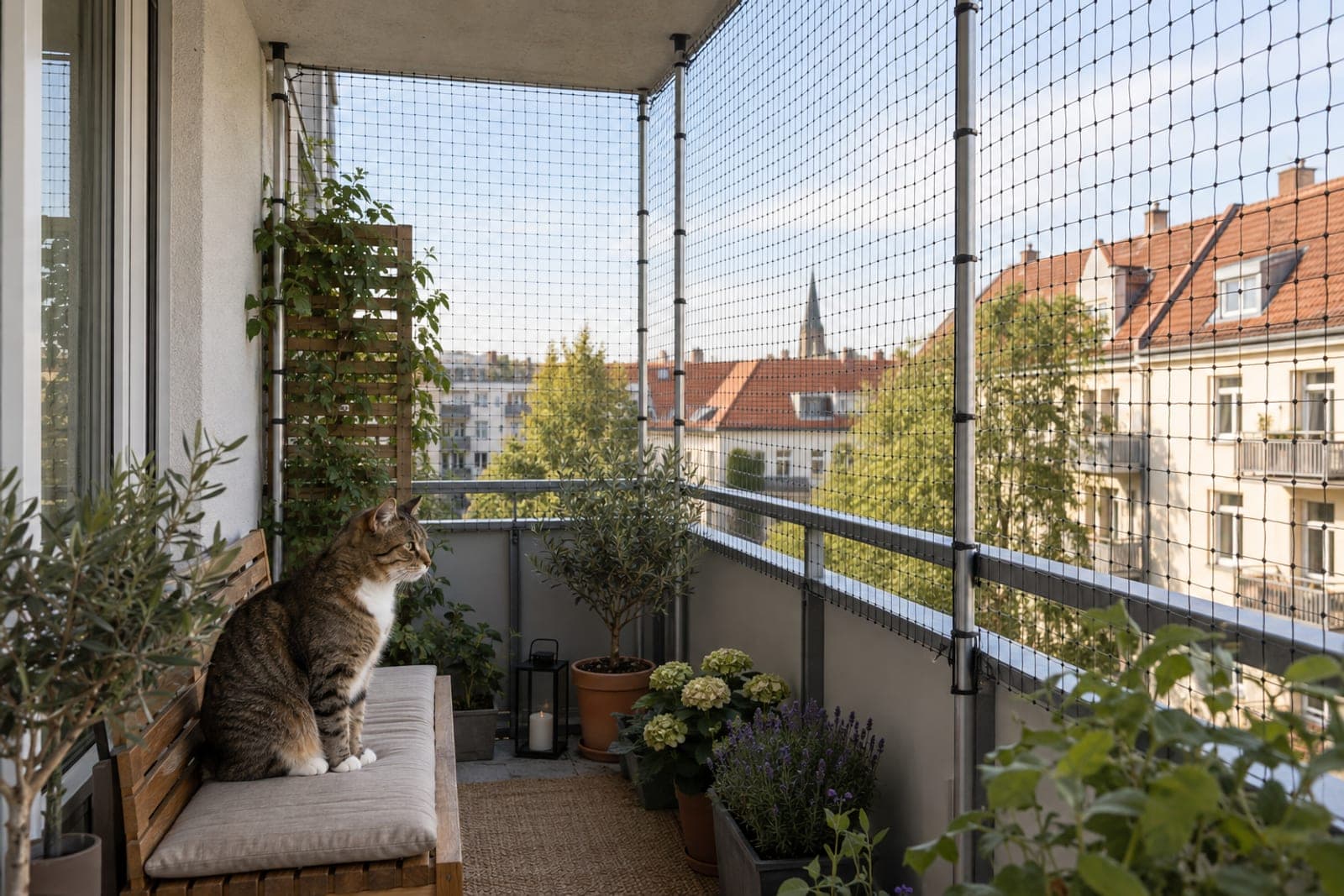 Katze auf einem Balkon mit Katzennetz, das ohne Bohren an Teleskopstangen befestigt ist