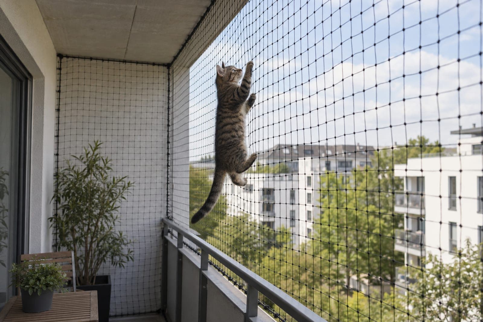 Katze klettert an einem Katzennetz am Balkon hoch