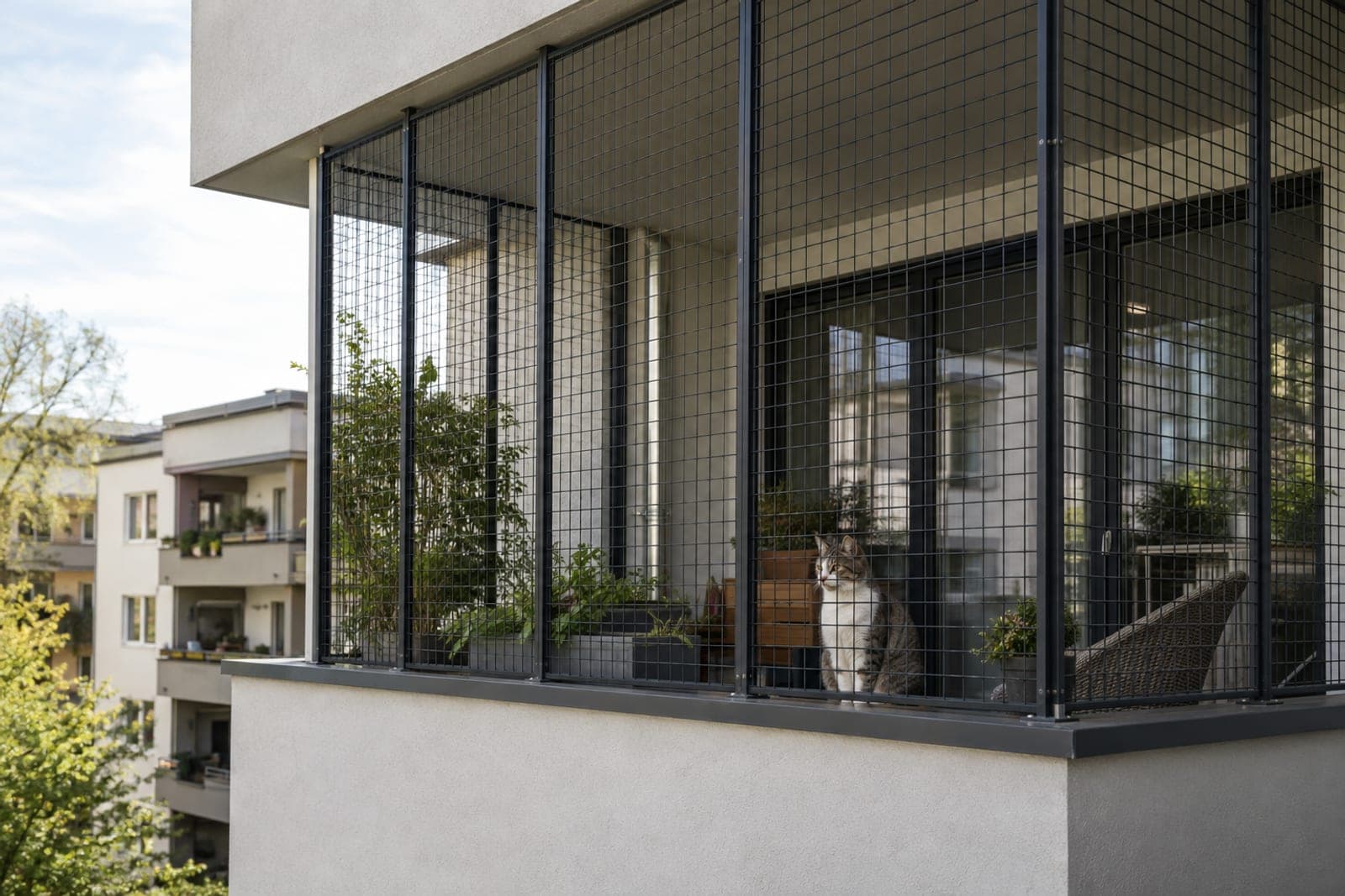 Balkon mit festem Gitter in schlanken Rahmen oberhalb der Brüstung, eine Katze sitzt dahinter