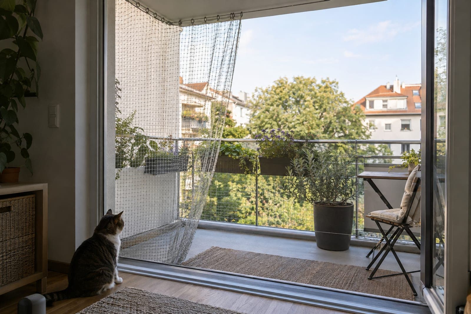Aufschiebbares Katzennetz am Balkon, an einem Seil zur Seite geschoben