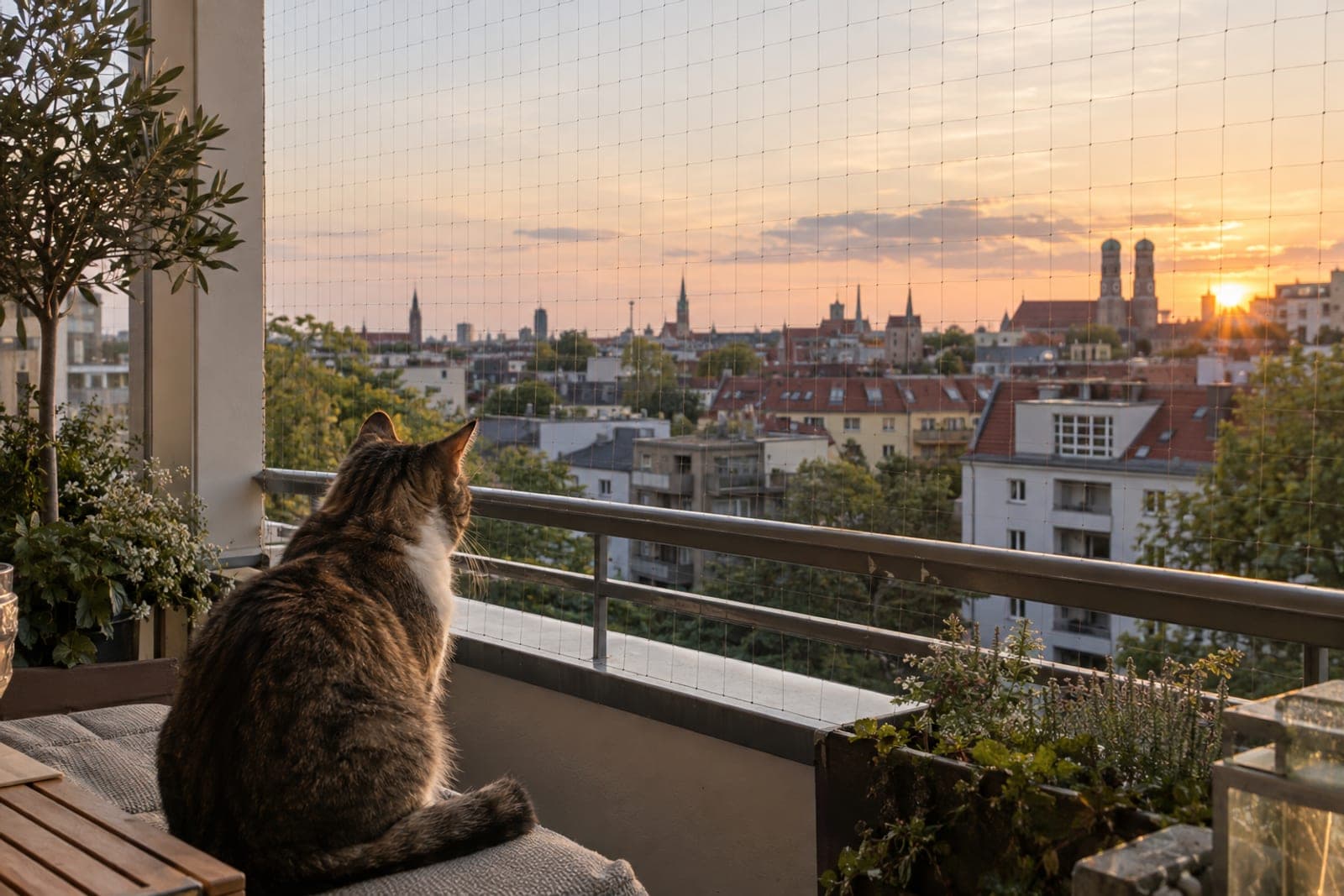 Kaum sichtbares transparentes Katzennetz am Balkon mit Blick über die Stadt