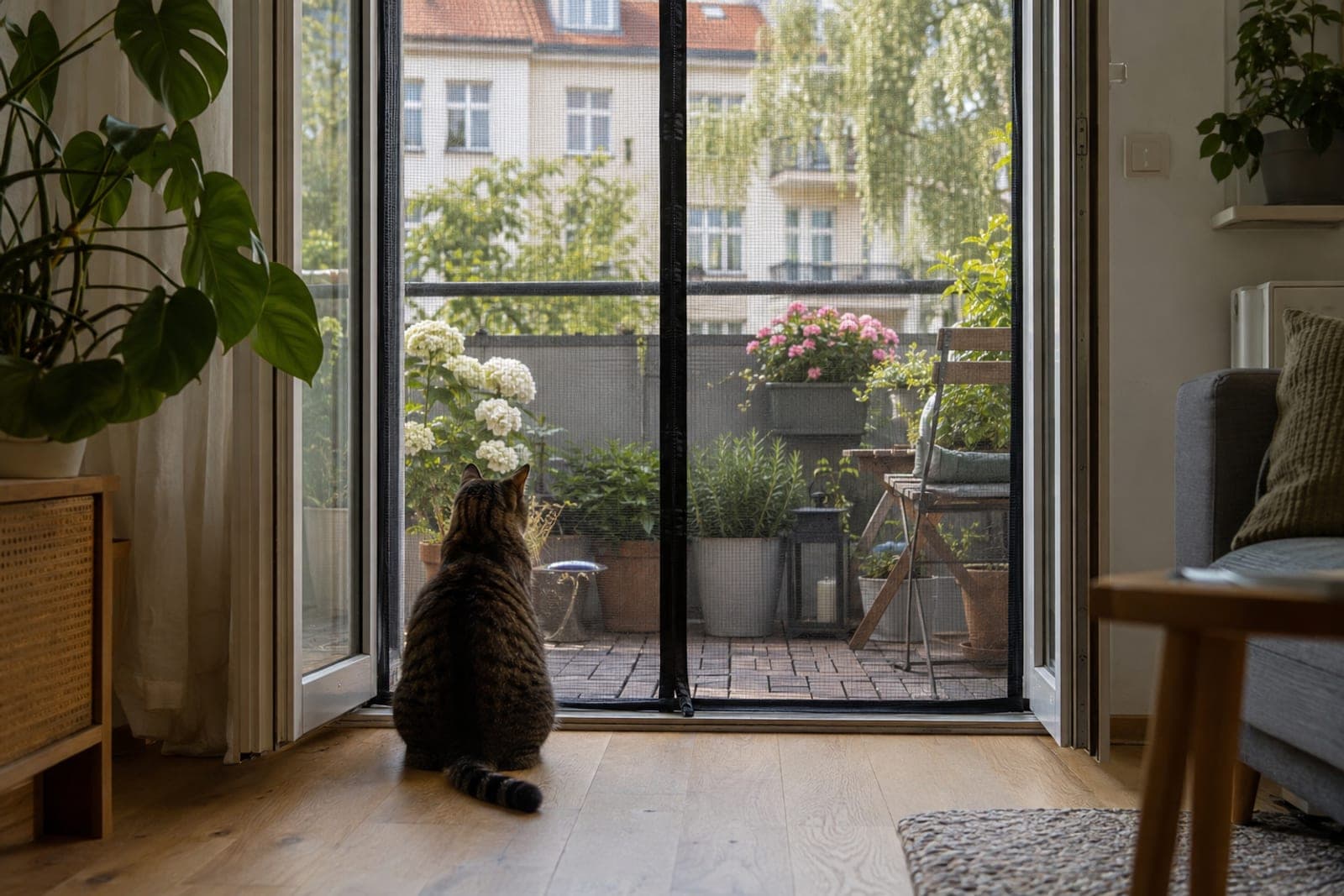 Offene Balkontür mit Türnetz im Rahmen, dahinter ein Balkon, eine Katze sitzt im Zimmer vor dem Netz
