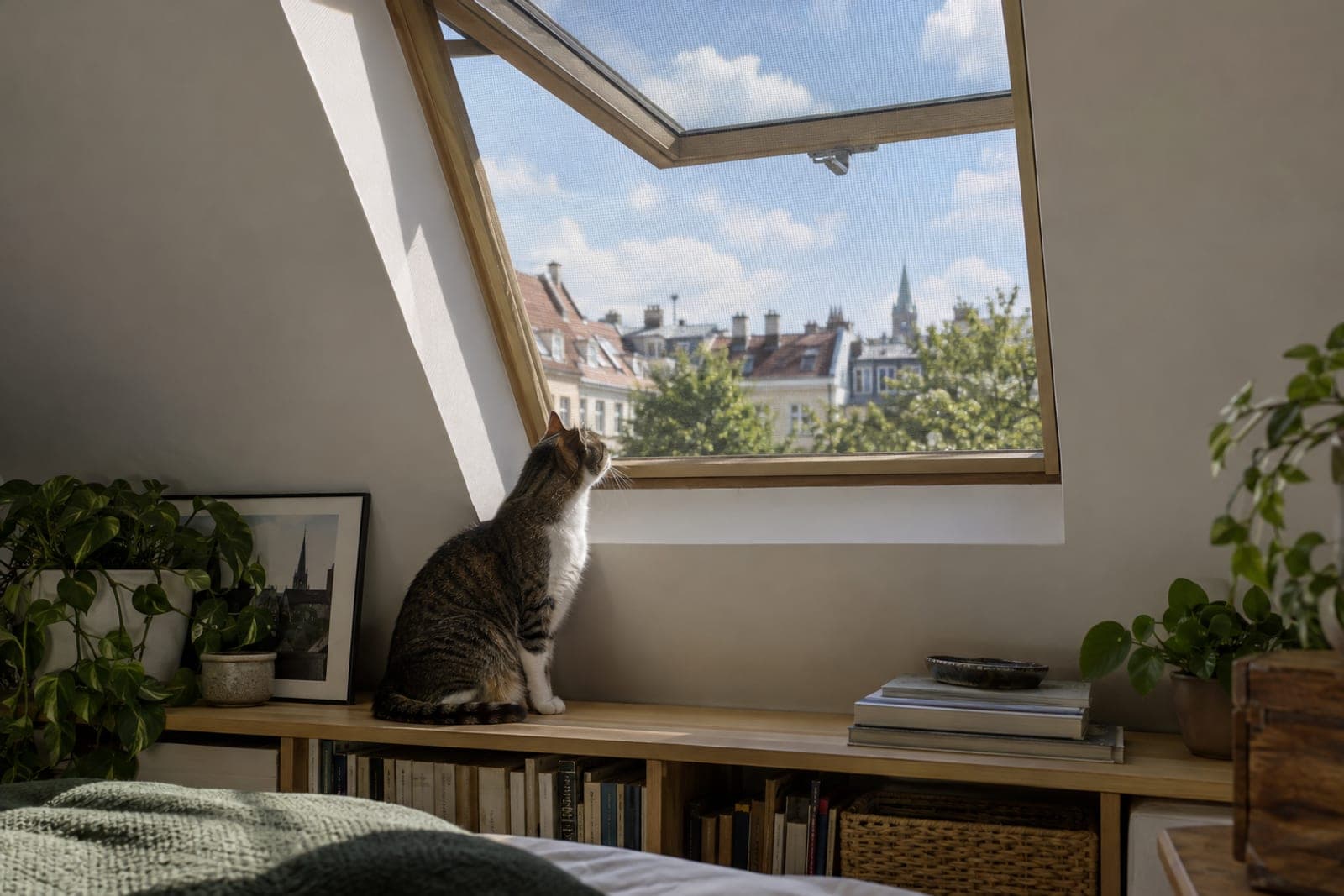 Geöffnetes Dachfenster in einer Dachschräge mit Netzrahmen in der Fensterlaibung, eine Katze blickt hinaus