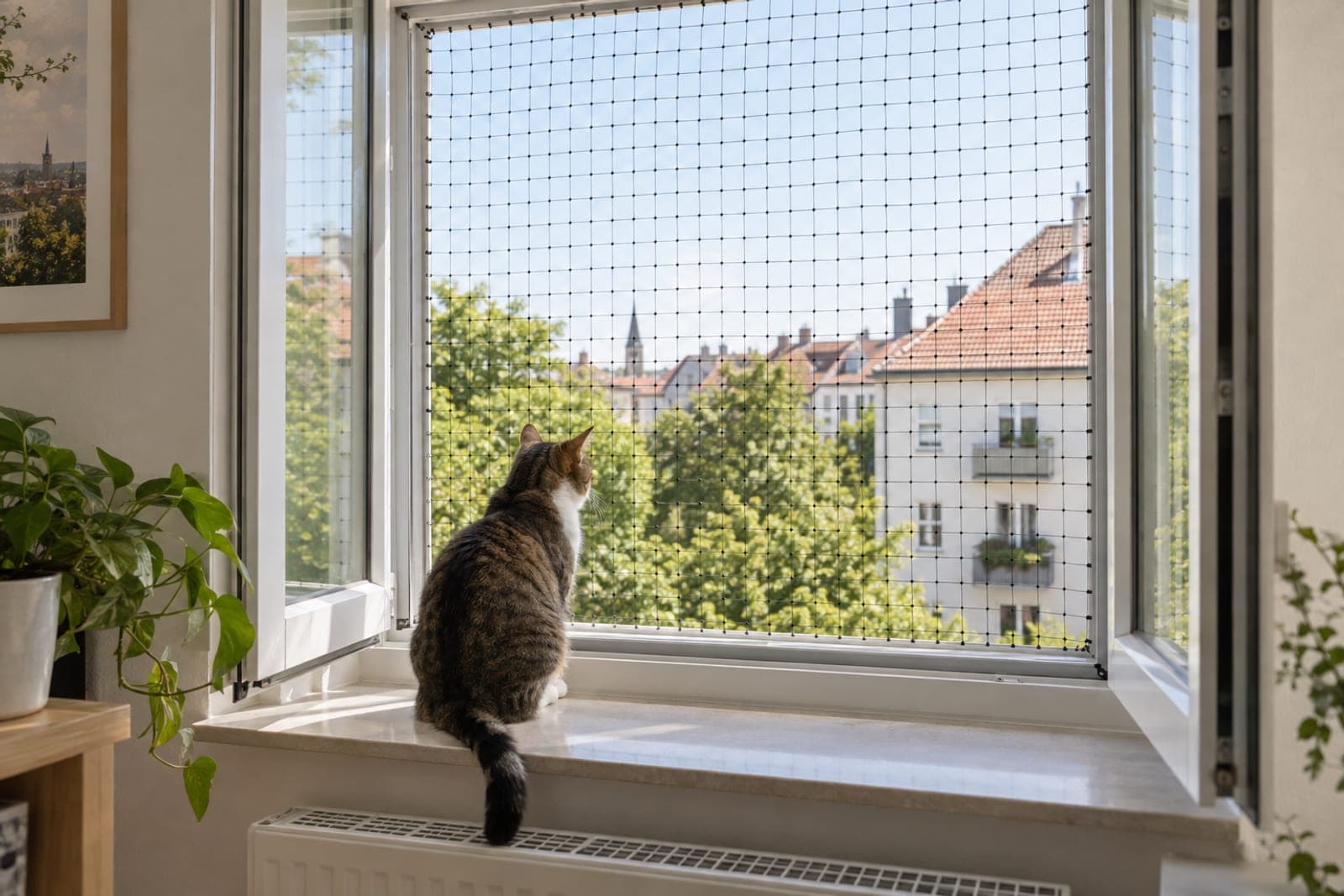Katze sitzt am offenen Fenster hinter einem Katzennetz im Rahmen