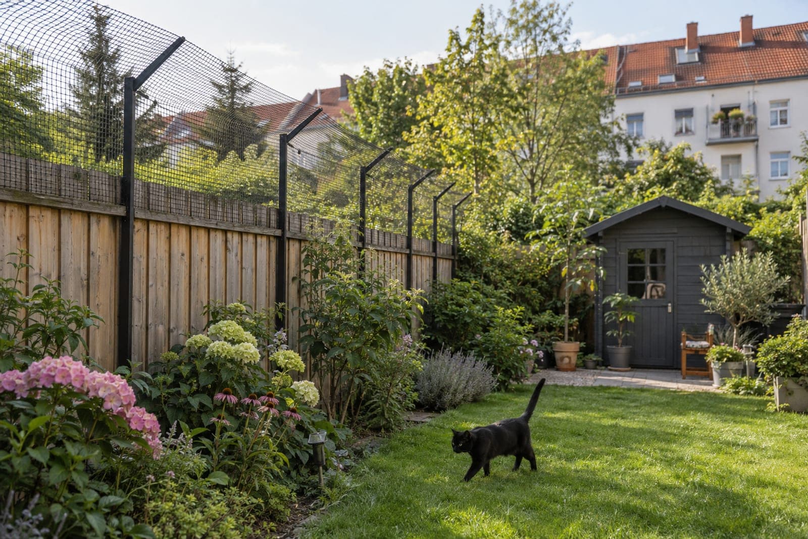 Garten mit Holzzaun, der mit Pfosten und einem nach innen geneigten Katzennetz erhöht ist, eine Katze läuft über den Rasen