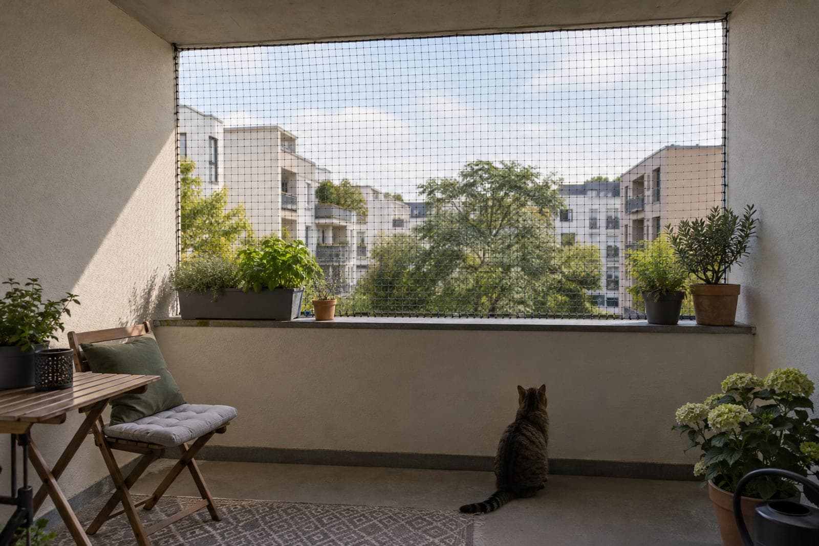 Loggia mit Seitenwänden und Decke, die offene Front über der Brüstung ist mit einem Katzennetz geschlossen, eine Katze sitzt davor