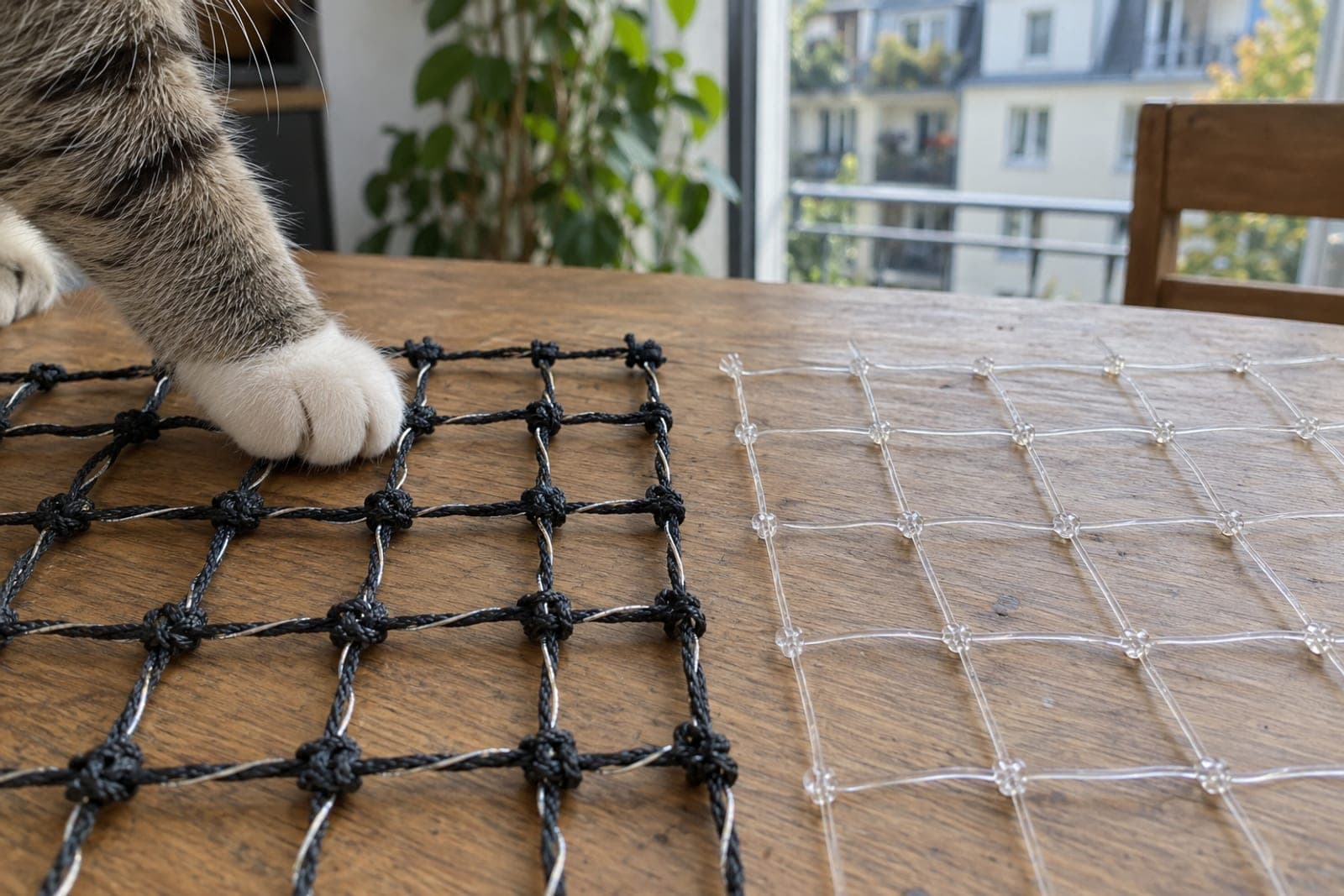 Drahtverstärktes schwarzes und transparentes Katzennetz im Vergleich