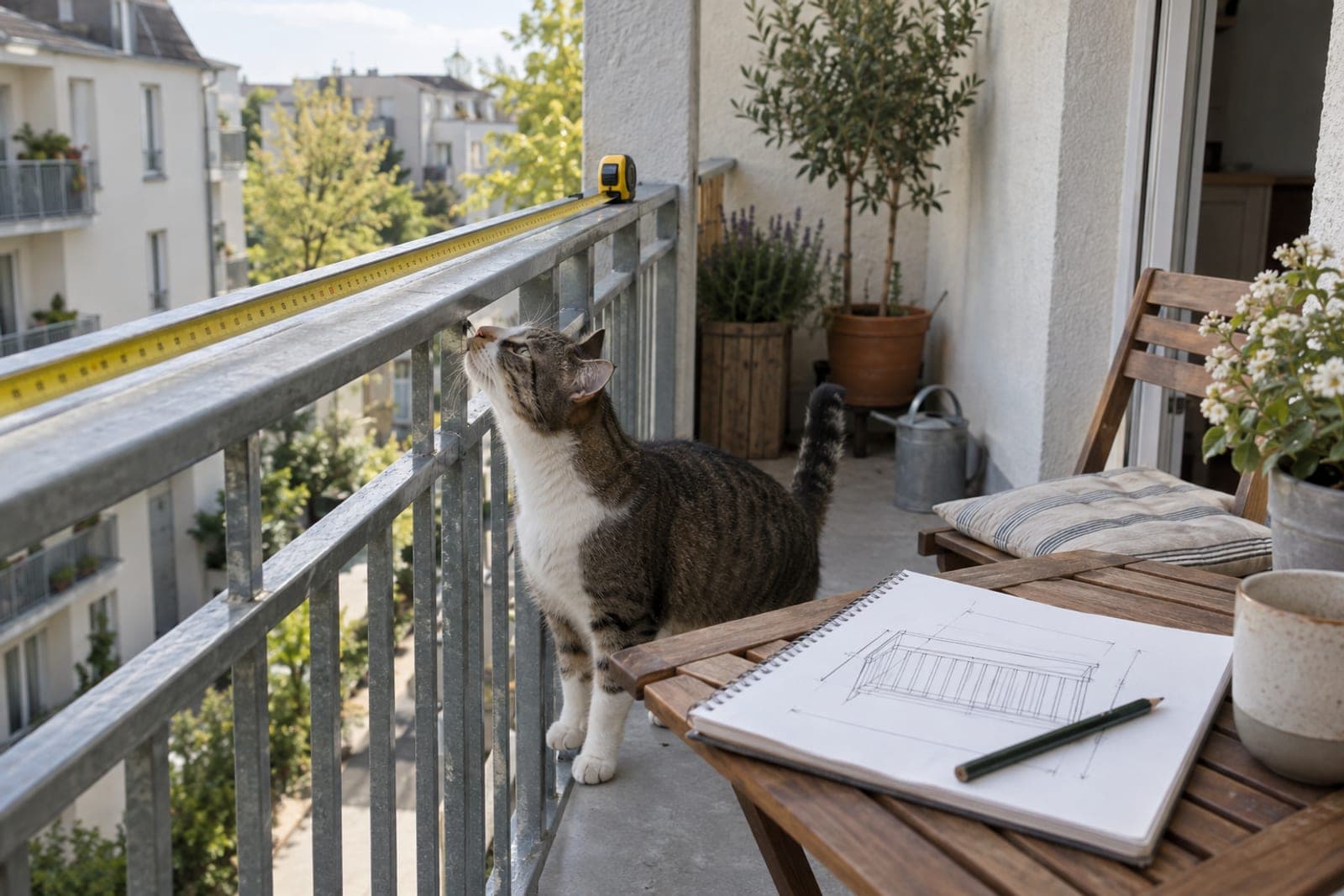 Maßband am Balkongeländer und Skizze zum Ausmessen des Katzennetzes