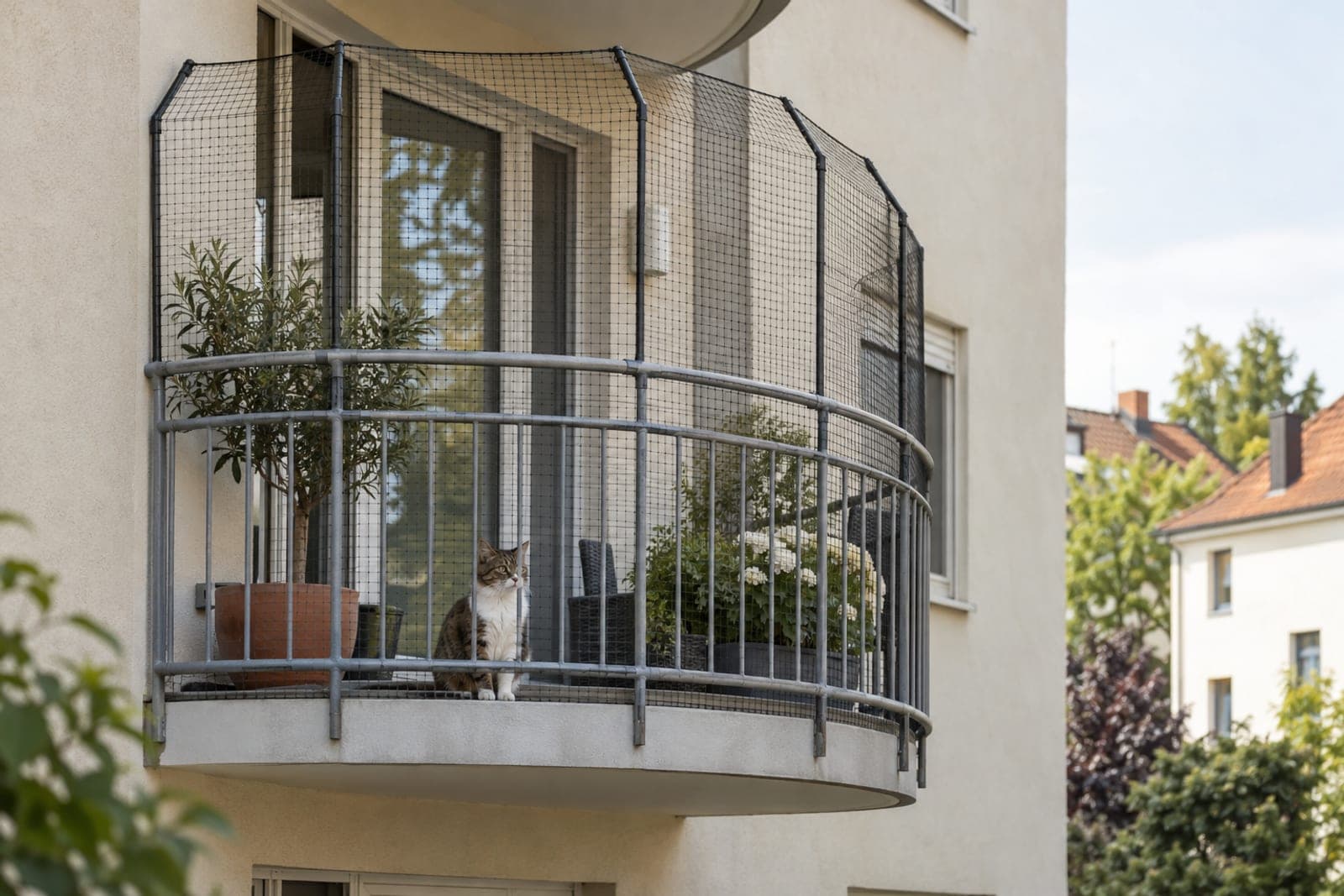 Halbrunder Balkon ohne Dach mit mehreren Stangen entlang des gebogenen Geländers, die ein Katzennetz tragen