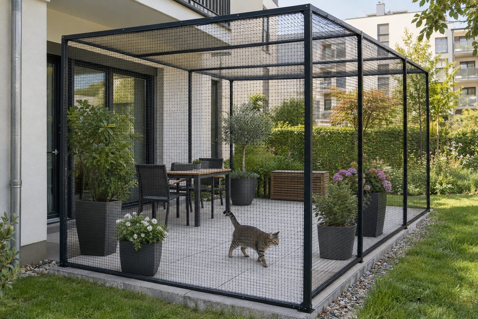 Terrasse mit freistehendem Rahmen und Katzennetz rundum und oben