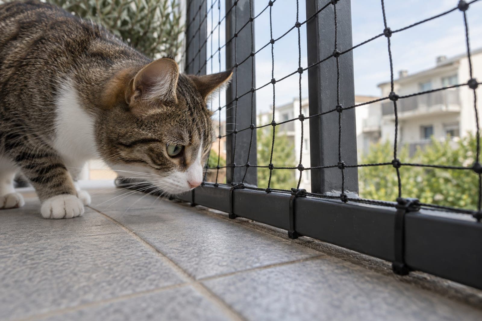 Unterkante eines Katzennetzes ist lückenlos am unteren Geländerholm befestigt