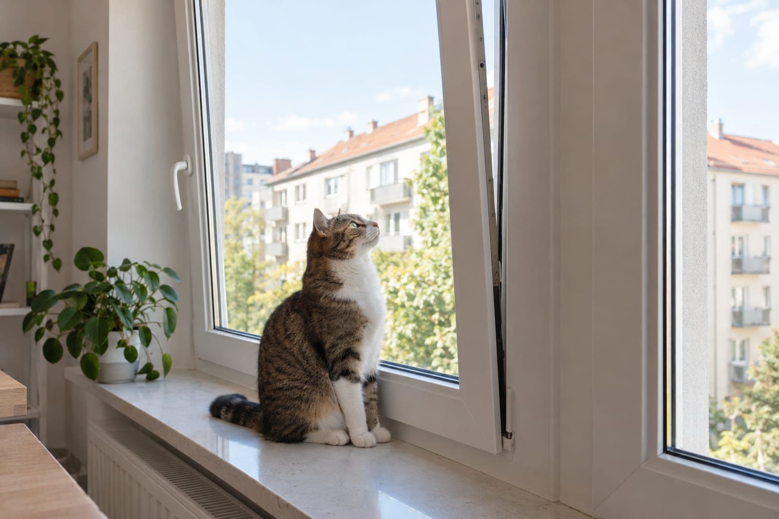 Gekipptes weißes Fenster mit offenem Seitenspalt, eine Katze sitzt auf der Fensterbank und schaut zum Spalt